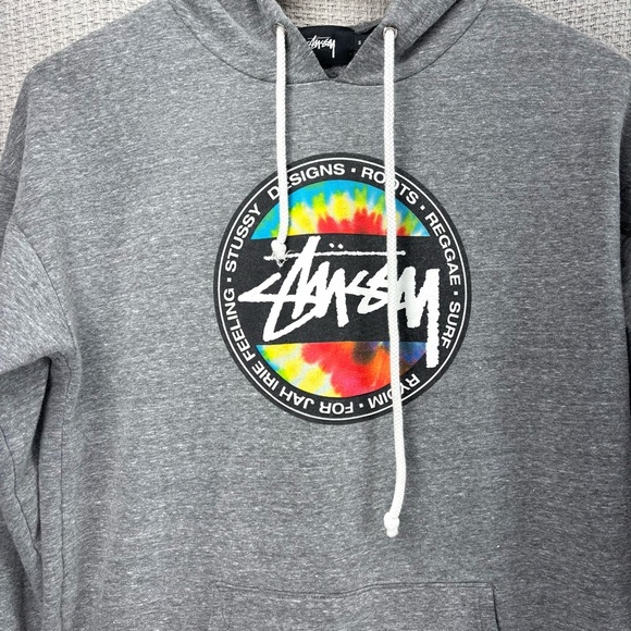 Vintage Stussy Hoodie Mens S Grey Logo Roots Reggae Surf Tie Dye Pullover Y2K - Picture 2 of 7